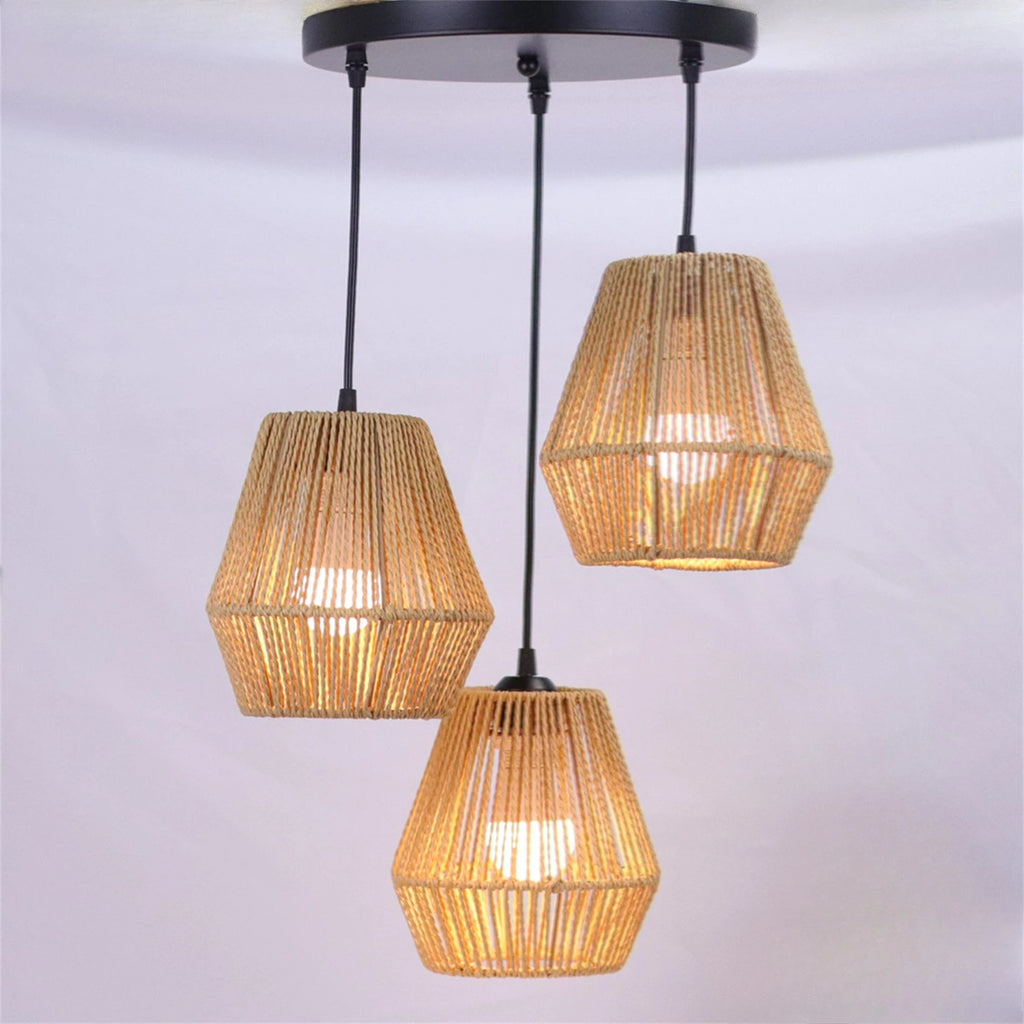 JOYINLED 3 Lights Rattan Chandelier with Hand Woven Wicker Shades, Boho Pendant Lighting for Kitchen Island Living Room Bedroom