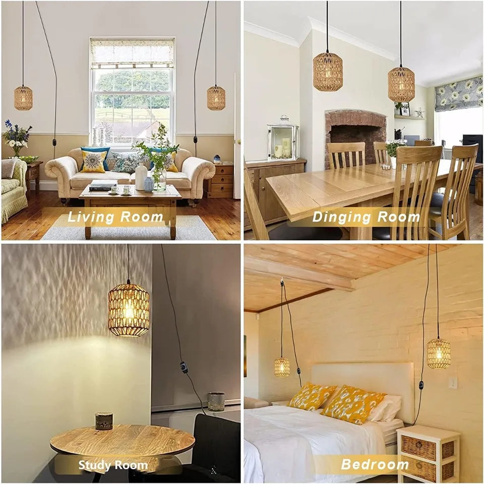 E27 Retro Chandeliers with Dimmable Switch Plug-in Paper Rope Lampshade Pendant Lights with 4.5m Cable for Bedroom Foyer Balcony