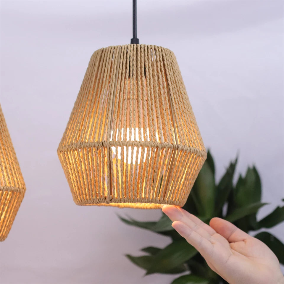 JOYINLED 3 Lights Rattan Chandelier with Hand Woven Wicker Shades, Boho Pendant Lighting for Kitchen Island Living Room Bedroom