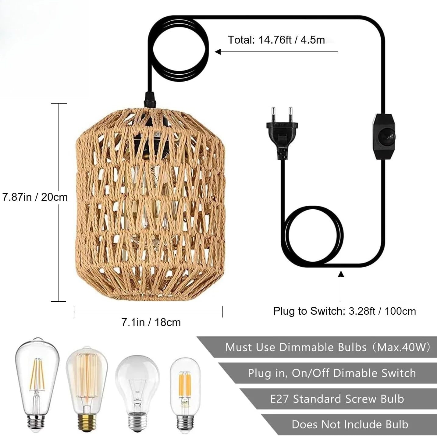 E27 Retro Chandeliers with Dimmable Switch Plug-in Paper Rope Lampshade Pendant Lights with 4.5m Cable for Bedroom Foyer Balcony