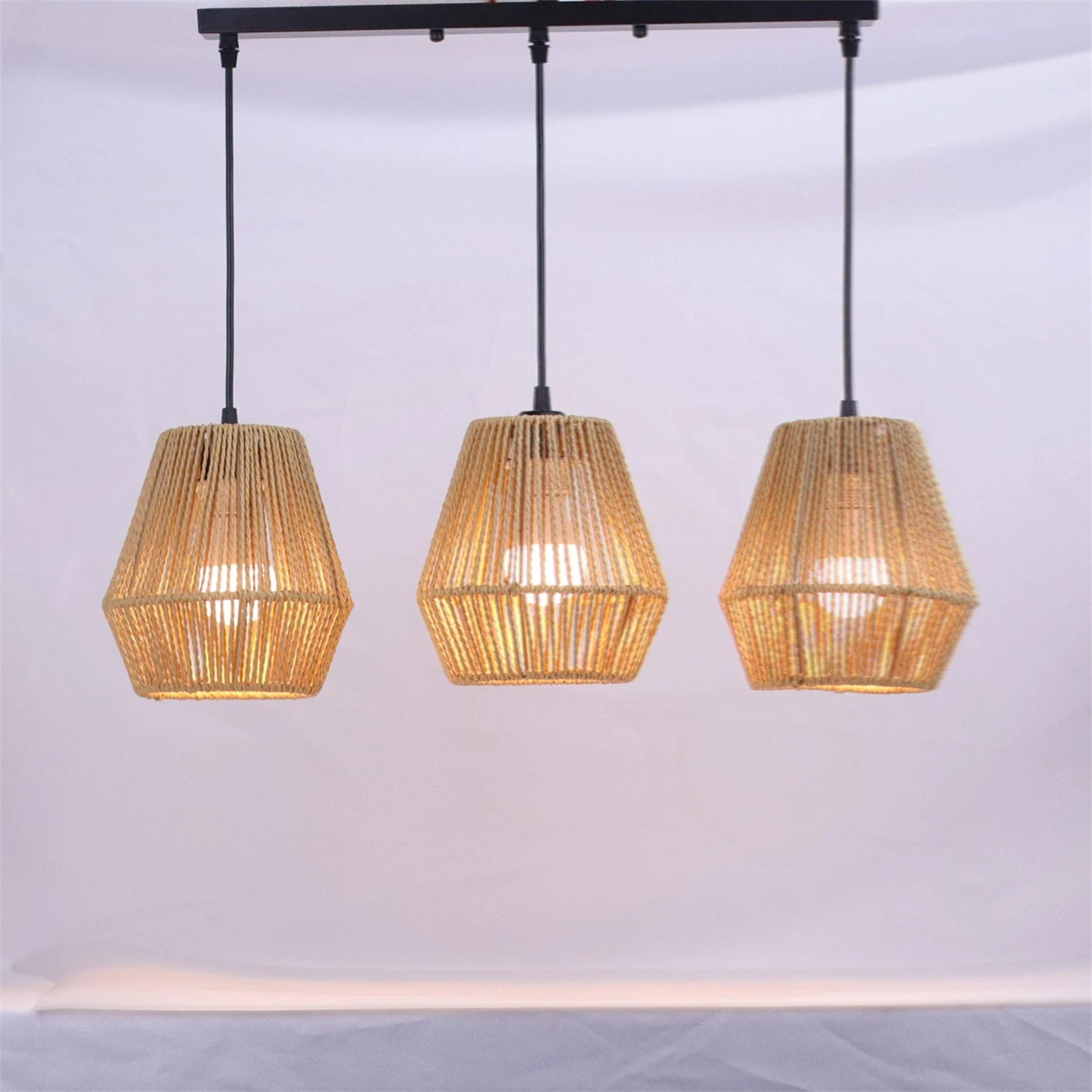 JOYINLED 3 Lights Rattan Chandelier with Hand Woven Wicker Shades, Boho Pendant Lighting for Kitchen Island Living Room Bedroom