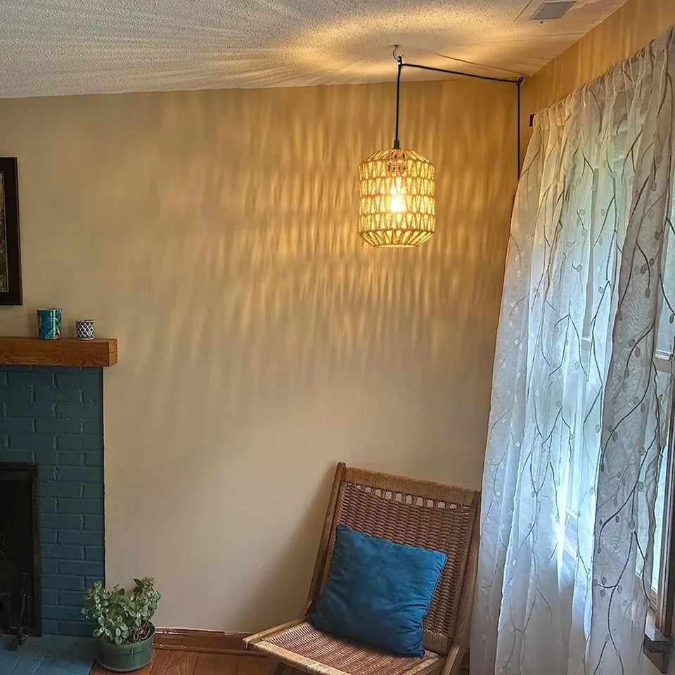 E27 Retro Chandeliers with Dimmable Switch Plug-in Paper Rope Lampshade Pendant Lights with 4.5m Cable for Bedroom Foyer Balcony