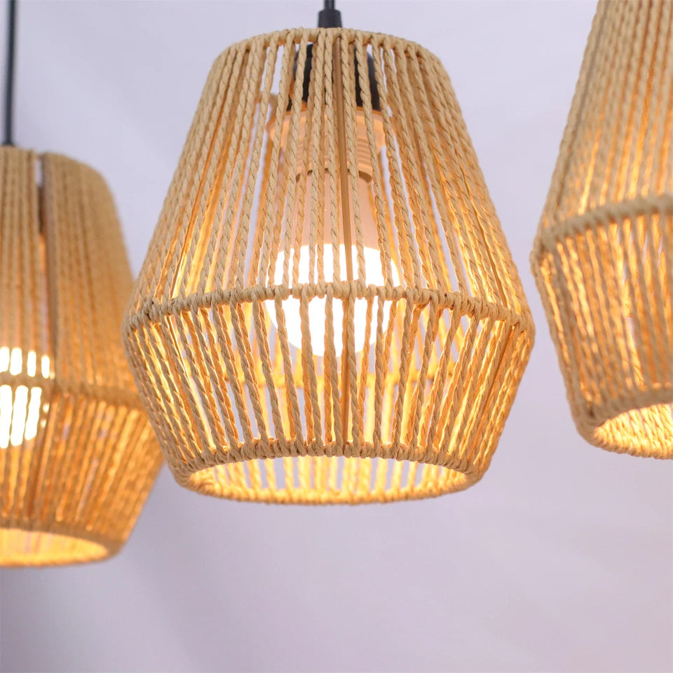 JOYINLED 3 Lights Rattan Chandelier with Hand Woven Wicker Shades, Boho Pendant Lighting for Kitchen Island Living Room Bedroom