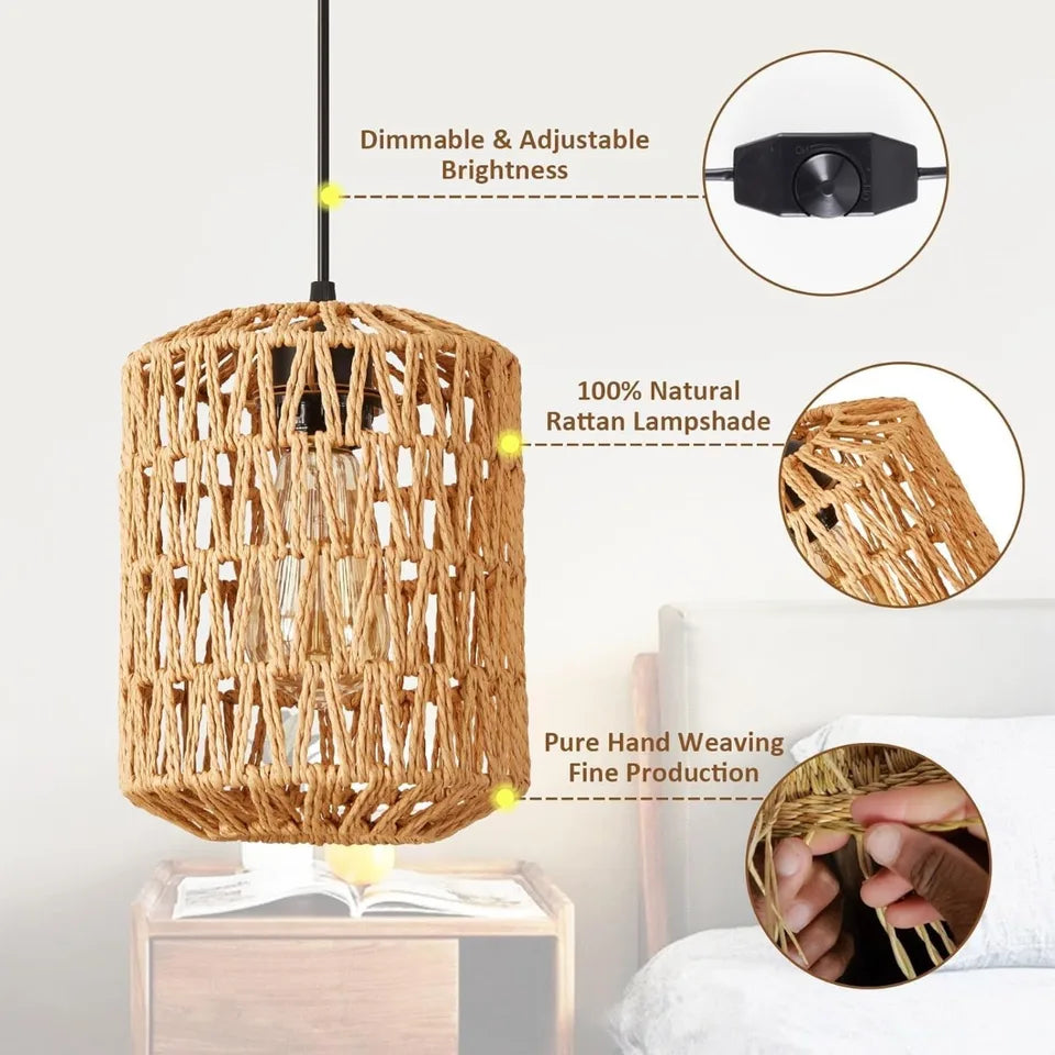 E27 Retro Chandeliers with Dimmable Switch Plug-in Paper Rope Lampshade Pendant Lights with 4.5m Cable for Bedroom Foyer Balcony
