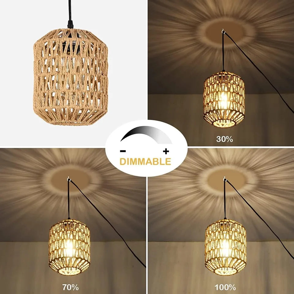 E27 Retro Chandeliers with Dimmable Switch Plug-in Paper Rope Lampshade Pendant Lights with 4.5m Cable for Bedroom Foyer Balcony