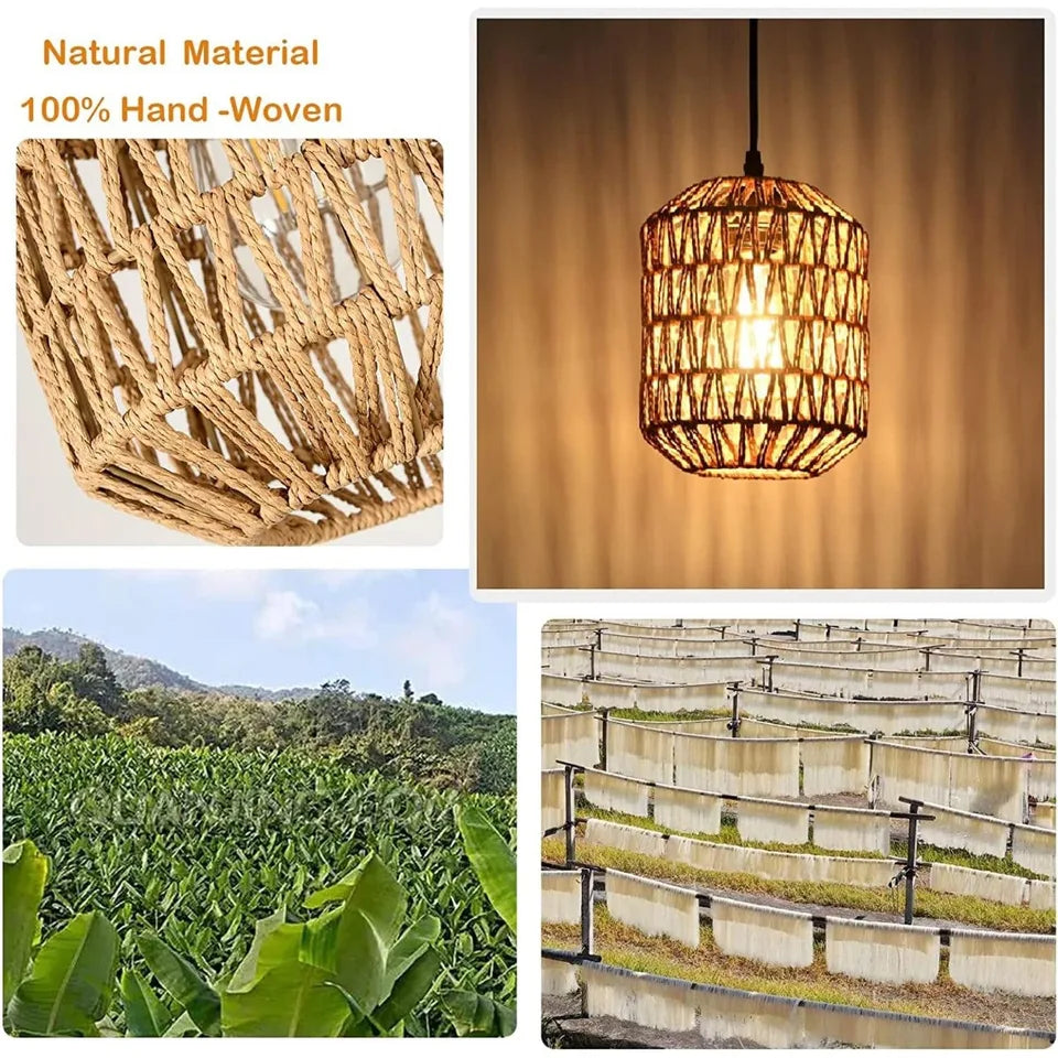 E27 Retro Chandeliers with Dimmable Switch Plug-in Paper Rope Lampshade Pendant Lights with 4.5m Cable for Bedroom Foyer Balcony