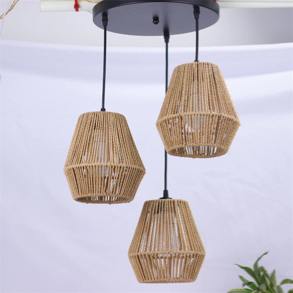 JOYINLED 3 Lights Rattan Chandelier with Hand Woven Wicker Shades, Boho Pendant Lighting for Kitchen Island Living Room Bedroom