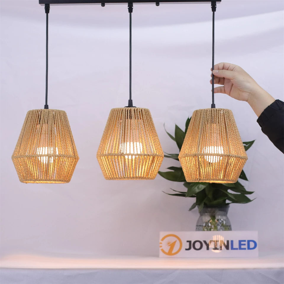 JOYINLED 3 Lights Rattan Chandelier with Hand Woven Wicker Shades, Boho Pendant Lighting for Kitchen Island Living Room Bedroom